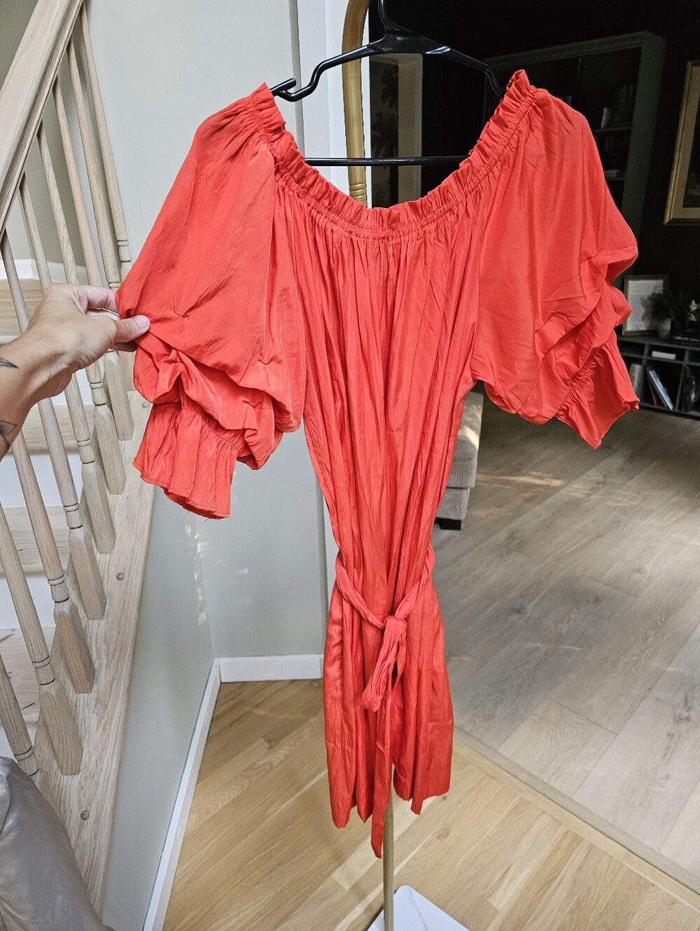 MERSEA x Anthropologie Tulum Ruffle Dress Sunset Orange Off Shoulder Medium - Picture 5 of 16